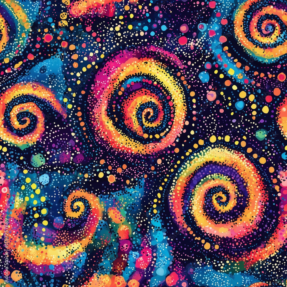 Poster vibrant abstract spiral patterns with colorful swirls and dots on a dark background, evoking a sense