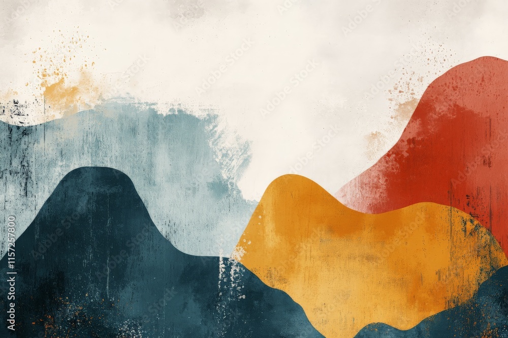 Poster contemporary artwork depicting an abstract mountain landscape with sweeping curves and bold color gr