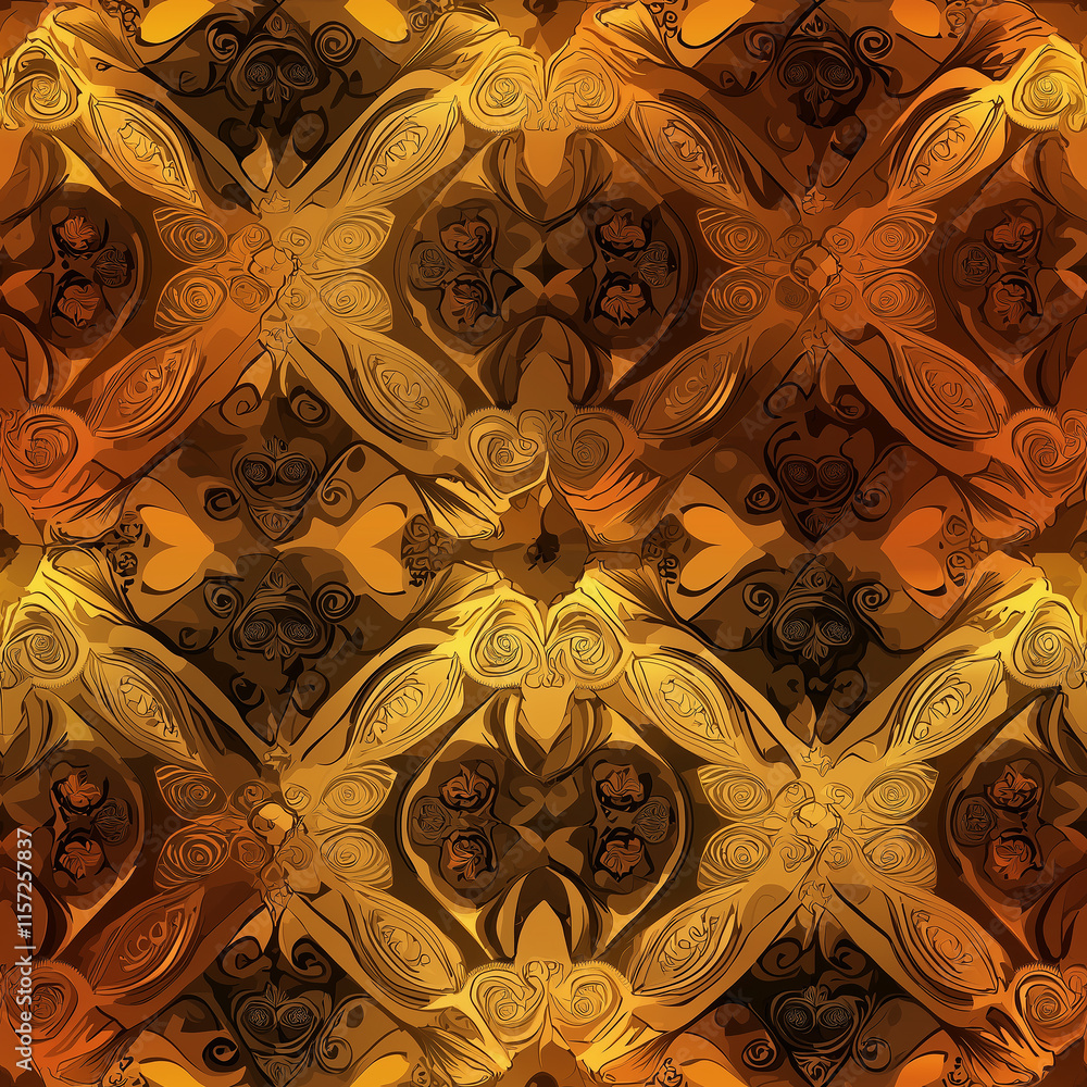 Poster intricate abstract pattern with warm tones of brown and gold, featuring swirling designs that create