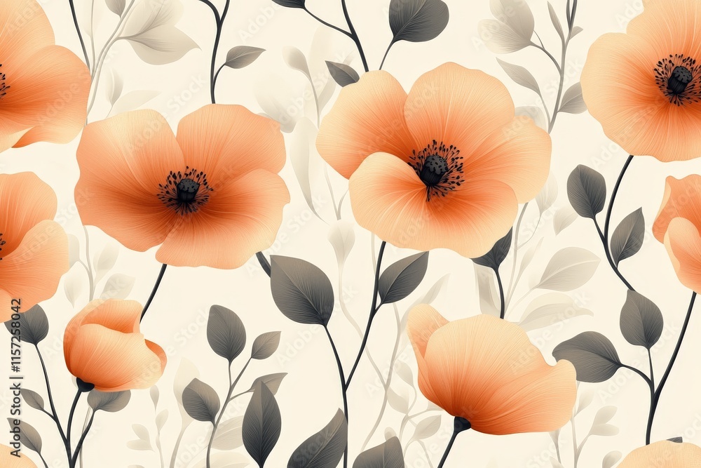 Poster This illustration displays a seamless pattern featuring soft orange flowers and delicate grey leaves set against a light cream base, creating a soothing visual.