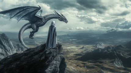 Fototapeta premium A veiled Asian female knight stands on a mountain peak accompanied by her Dragon, background wallpaper AI generated image