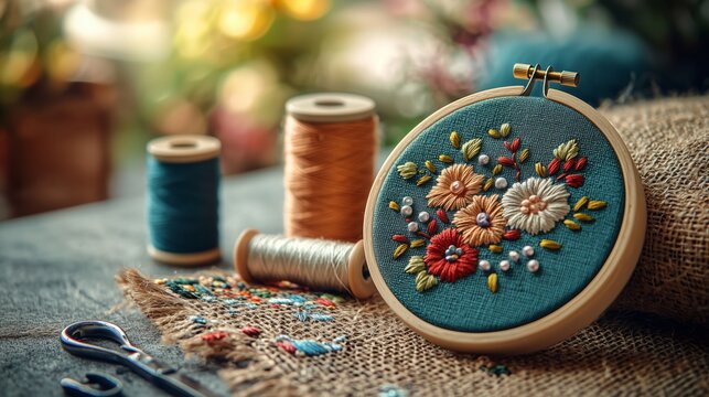 Beautiful Embroidery Hoop with Floral Design on Rustic Background