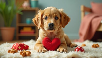 Adorable brown dog sitting in a cozy indoor space surrounded by toys and treats with a red heart near them, home, card