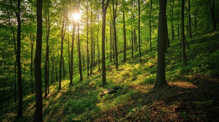 Obraz premium A hillside covered in dense green forest, with warm sunlight shining on the treetops. background wallpaper AI generated image