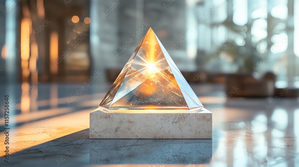 Poster crystal pyramid display with light reflection and modern background