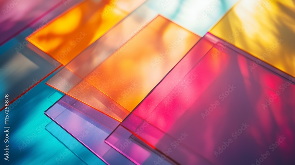 Poster colorful transparent sheets overlapping in vibrant light patterns
