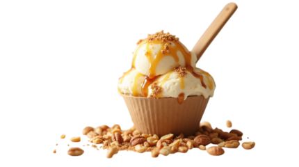 Ice Cream Topped with Nuts and Caramel Sauce in a Paper Cup, Isolated on a Transparent Background PNG.