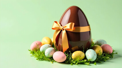 A luxurious chocolate easter egg wrapped with a golden ribbon, surrounded by pastel candy eggs on fresh greenery, ideal for festive promotions or premium product photography. Selective focus