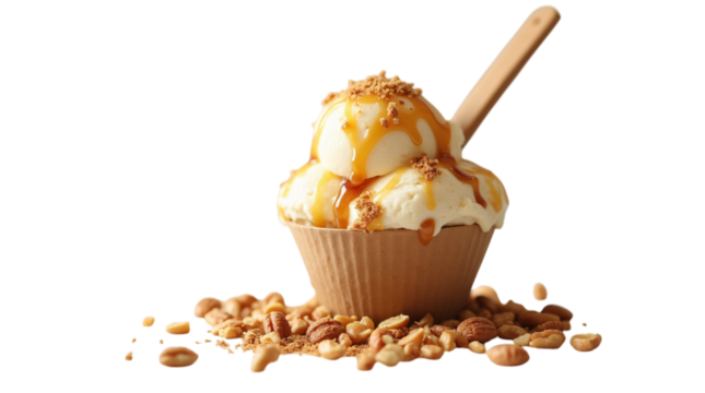 Ice Cream Topped with Nuts and Caramel Sauce in a Paper Cup, Isolated on a Transparent Background PNG.