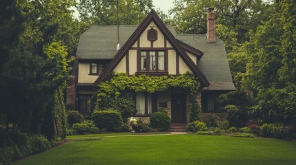 Victorian home with elegant charm, featuring a green front yard and ample room for text overlay.