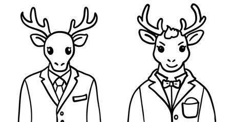 Two anthropomorphic deer in suits, showcasing a whimsical blend of animal and human characteristics.