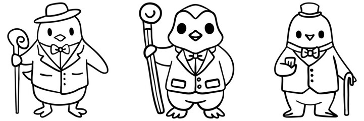 Three dapper penguins in suits and hats, each with unique accessories, exuding charm and sophistication.