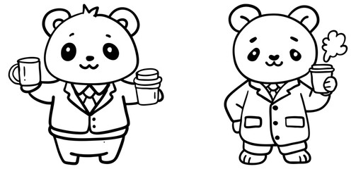 Two cute panda characters in suits, holding beverages, exuding a playful, professional vibe, perfect for a fun illustration.