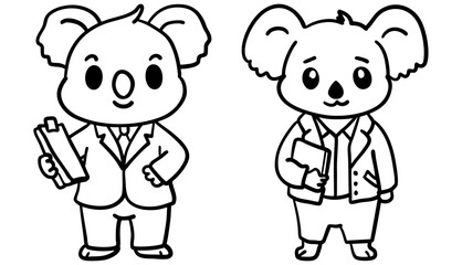 Two cartoon koalas dressed in business suits, one holding a clipboard, exuding a friendly and professional vibe.