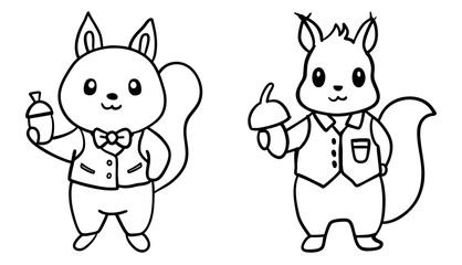 Two cartoon squirrels, one holding a drink and the other holding an acorn, both dressed in cute outfits with bow ties and vests.