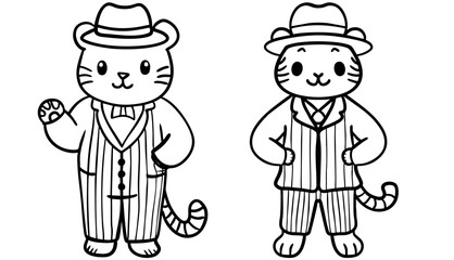 Two cartoon tigers dressed in stylish suits and hats, showcasing a charming and playful character in a whimsical style.
