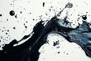 A horizontal photo showcasing the texture of watercolor paint with black drops on white paper.
