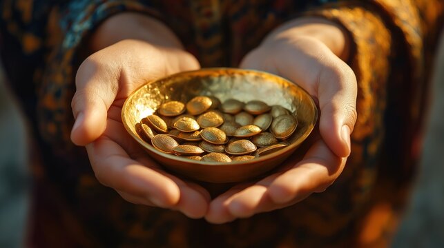 Reflection on zakat and charity during Ramadan with hands offering gold seeds