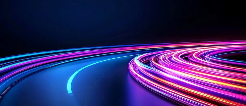 A dynamic line art piece with light leaks, showcasing a striking abstract background in shades of purple and blue neon.