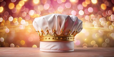 Pink bokeh highlights a chef's hat crown, portraying culinary expertise and kitchen leadership in stunning photography.