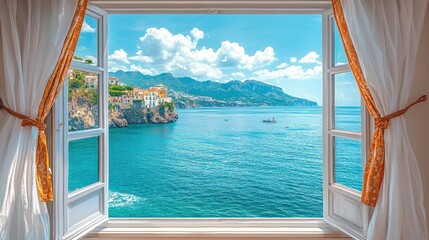 A scenic view of coastal cliffs and turquoise waters framed by a window.