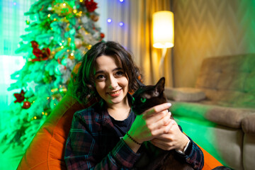 Enjoying holiday moments with a cat. A person sits in a cozy chair with a cat, surrounded by...