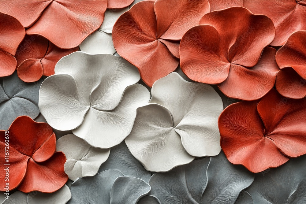 Poster an artistic arrangement of red and white stylized flowers, showcasing harmonious contrasts and abstr