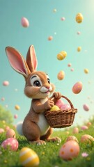A cute rabbit holds a basket in its paws, runs, jumps on the grass, and catches Easter eggs coming from the sky. Happy Easter day concept and idea