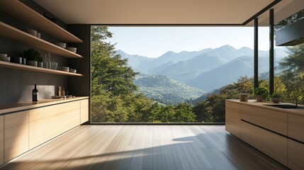 Minimalist modern kitchen with light wood cabinets, open shelves, large window, and mountain view. 3D Rendering