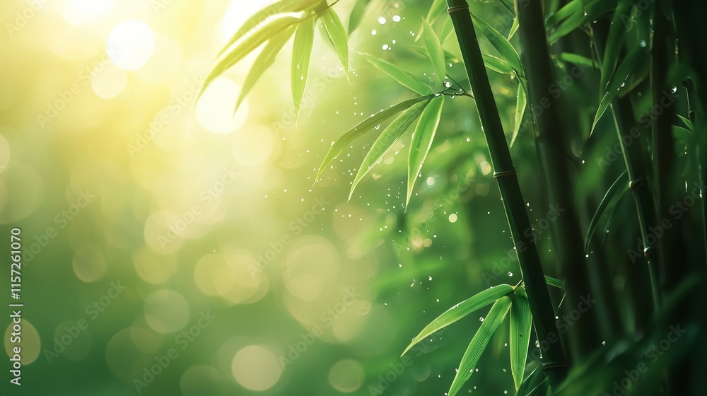 Poster sunlit bamboo forest with dew drops and soft bokeh background