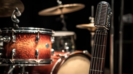 Vintage Microphone and Drum Set on Stage Ready for Performance