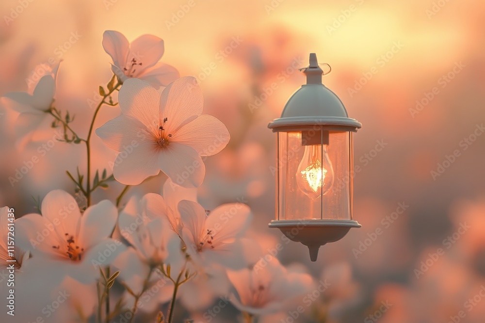 Aufkleber White flowers softly illuminated by a warm lantern in a sunset setting create a tranquil and serene ambiance, inviting calmness and peace into the viewer’s mind.