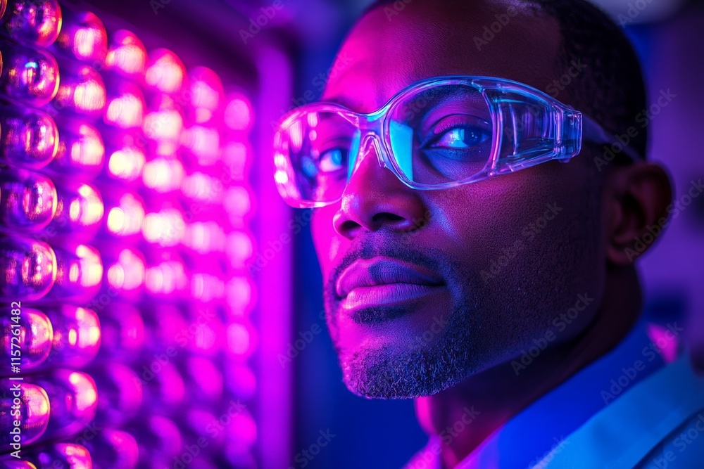 Poster a scientist in protective goggles examines a high-tech panel of lights, symbolizing technology and i