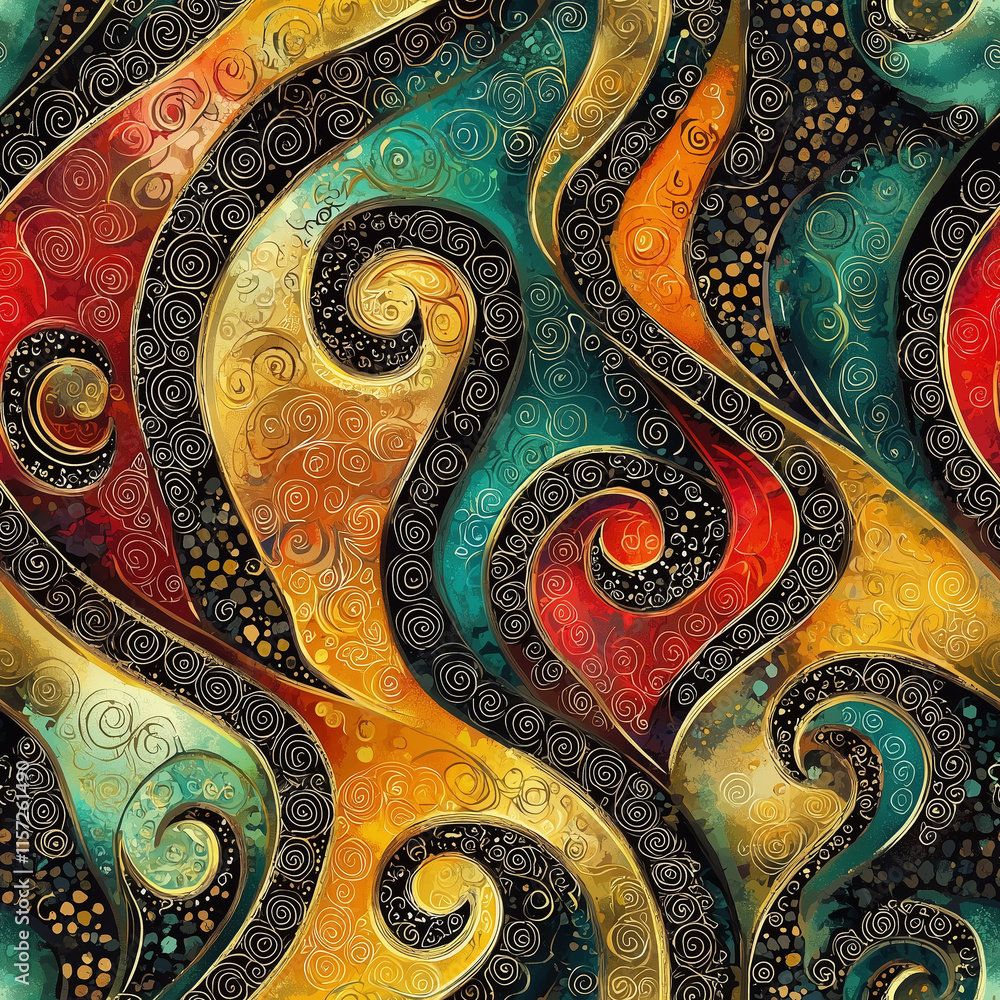 Poster dynamic batik seamless pattern design vibrant textiles contemporary style colorful swirls artistic a