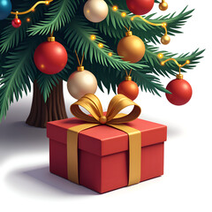 A beautifully decorated christmas tree with colorful ornaments and a gift box beneath its branches, digital illustration of still life concept.