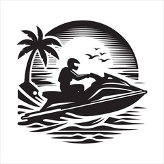 Jet ski silhouette vector. A person riding a jet ski vector. Jet ski silhouette illustration