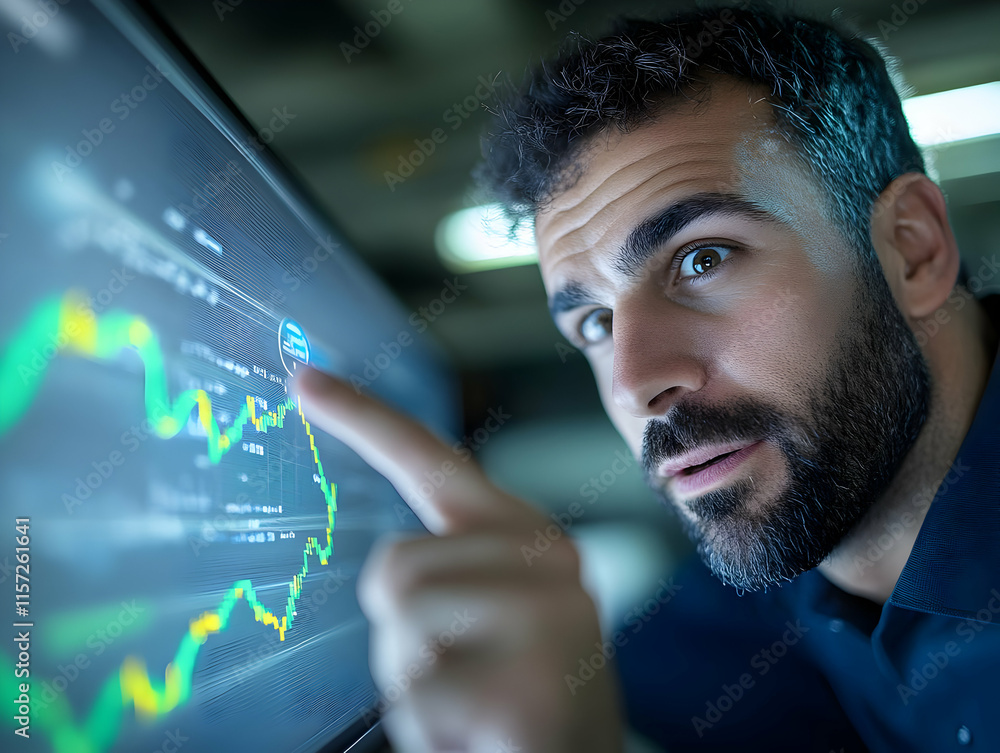 Poster focused man analyzing stock market data on a computer screen, showing concern.