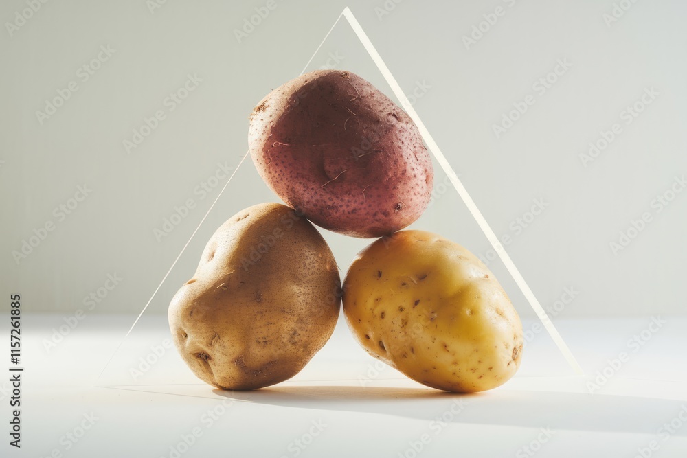 Poster Three potatoes of different colors are arranged in a triangular shape against a light background.