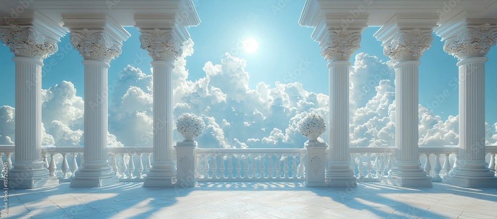 Poster a serene architectural scene featuring columns and clouds under a bright sun.