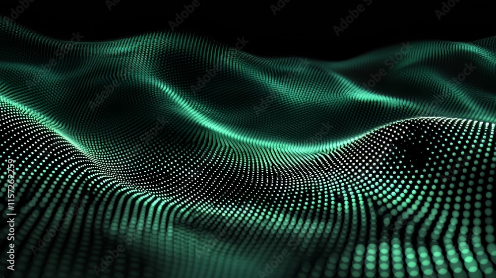 Poster abstract representation of digital waves with green dots creating a flowing landscape in a dark envi