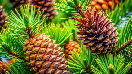 Fototapeta premium Rough pine bark, detailed cones, and rich forest imagery in a captivating close-up.