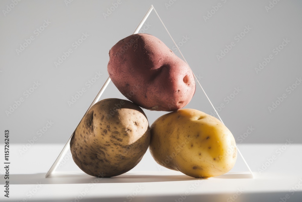 Poster Three potatoes of different colors are arranged in a triangle shape against a white background.