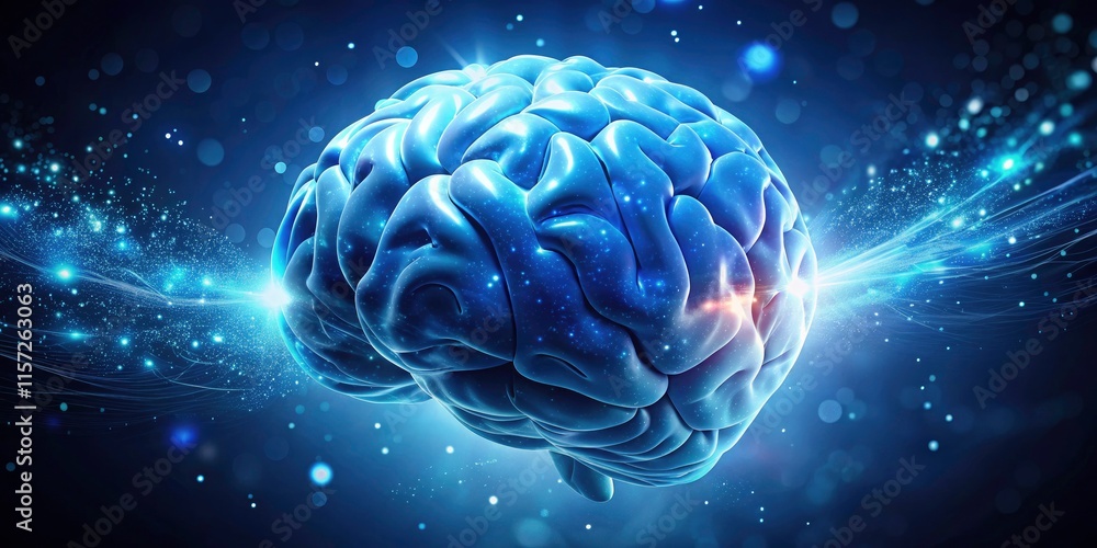 Poster sci-fi digital art: a glowing blue brain's abstract neural network pulses in a 3d ai-generated scene