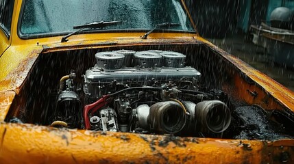 A cinematic still of three V8 engines inside the hood of an orange van, in heavy rain with blue water pipes running out from under the engine bay
