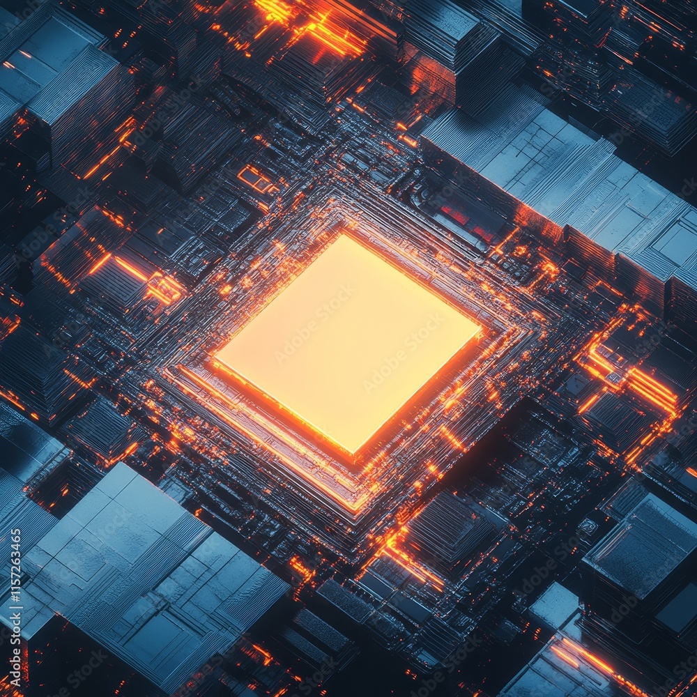 Aufkleber Illuminated Microchip Surrounded by Intricate Circuitry and Glowing Lines in a Futuristic Technology Setting at Night