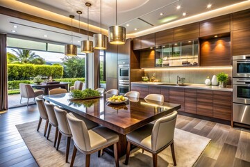 Fototapeta premium Sleek modern cabinets and a sophisticated tablescape create a high-end kitchen and dining area.