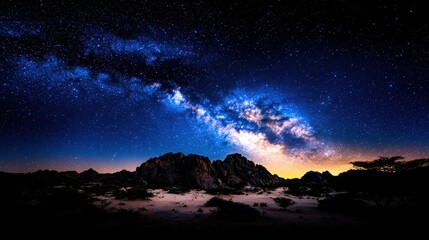 Obraz premium Stunning Milky Way Over Desert Landscape With Rocky Formations Under Night Sky