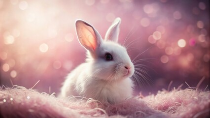 Soft pastel hues embrace a fantastical white rabbit in a pink, dreamy scene.