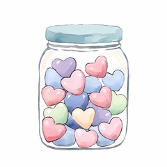 Watercolor Valentine dessert. A glass jar filled with colorful heart-shaped candies in pastel shades.