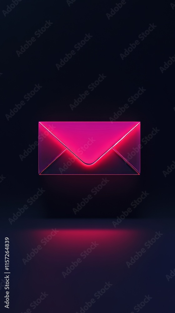 Poster glowing pink envelope icon illuminated in a dark setting representing digital communication and mess